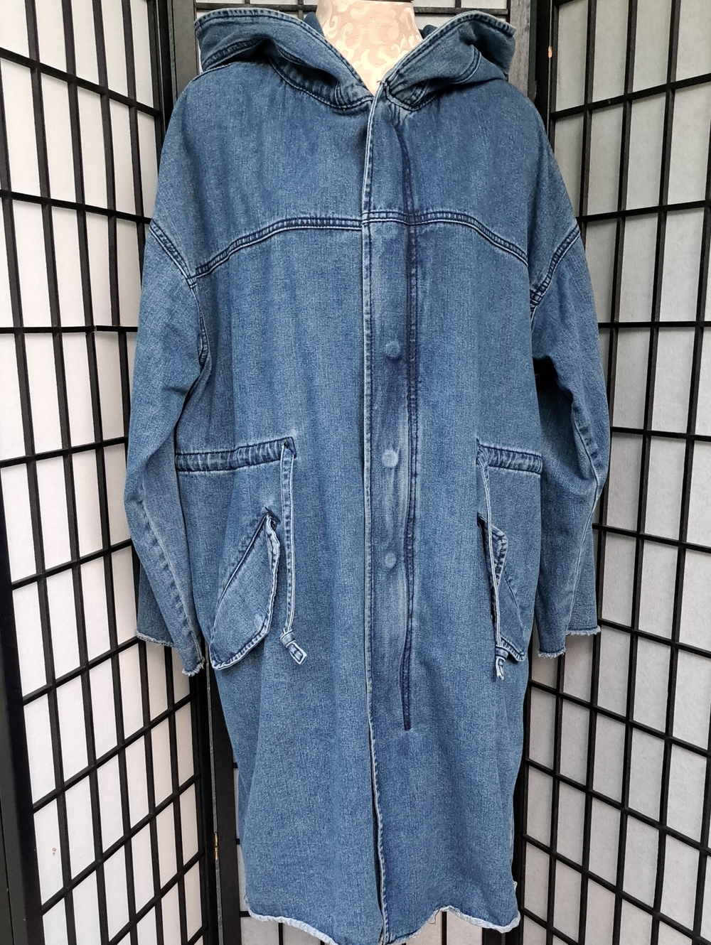 Forever 21 Blue Hooded Long Denim Jacket